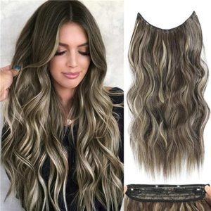 Halo Hair Extensions With Adjustable Transparent Headband Dark Brown Ash Blonde